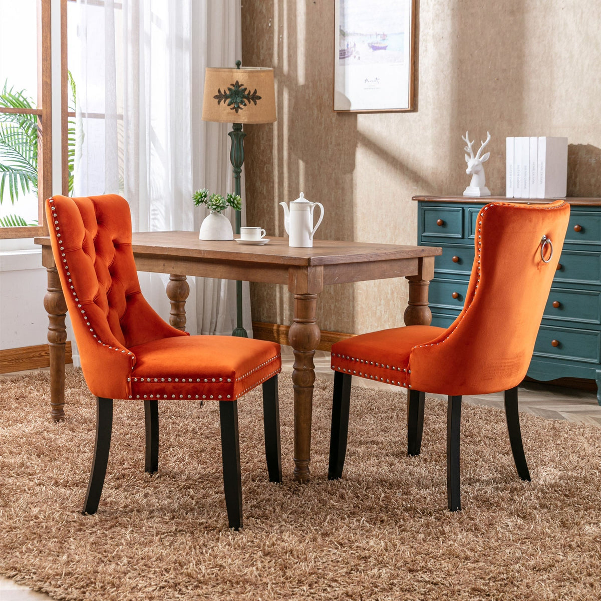 Dining Chair - High-end Tufted Solid Wood Contemporary Flax Upholstered Chair with Wood Legs Nail Head Trim, 2pcs Set