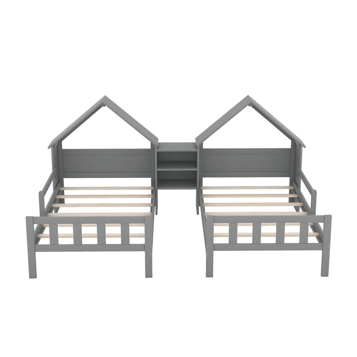Double Twin Size Platform Bed with House-shaped Headboard and Built-in Nightstand