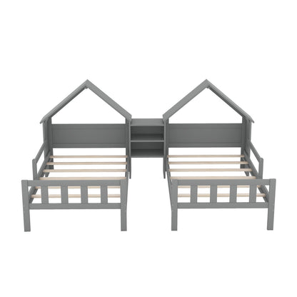 Double Twin Size Platform Bed with House-shaped Headboard and Built-in Nightstand