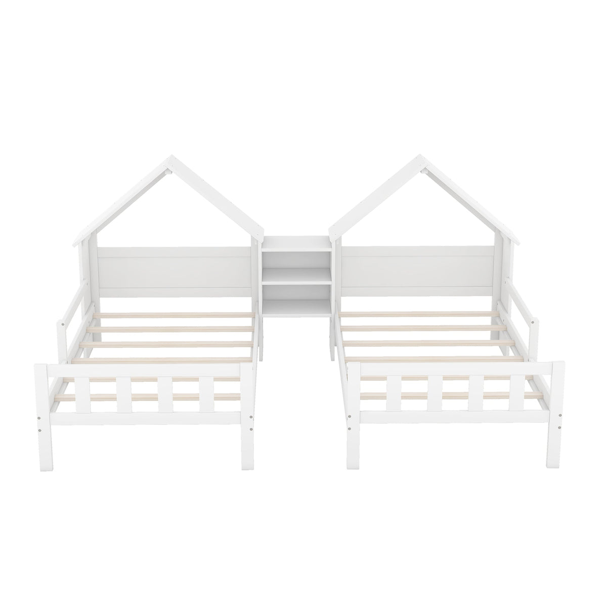 Double Twin Size Platform Bed with House-shaped Headboard and Built-in Nightstand