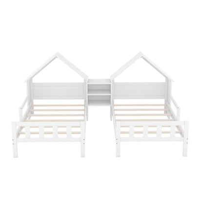 Double Twin Size Platform Bed with House-shaped Headboard and Built-in Nightstand