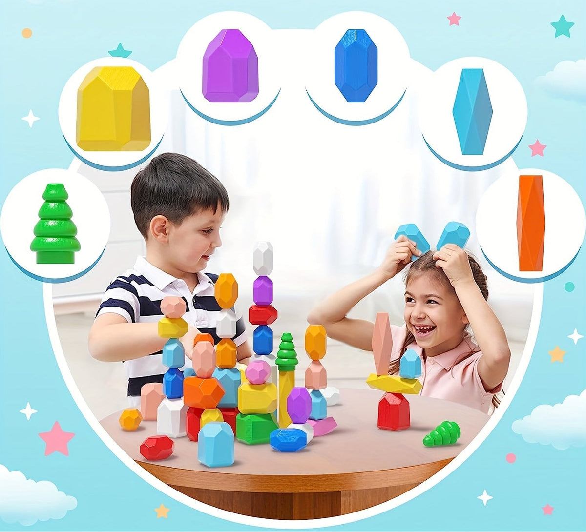 Wooden Stacking Rocks Toys – 40-Piece  Montessori Sensory STEM Balance Blocks for Toddlers, Educational Preschool Learning Gift Set