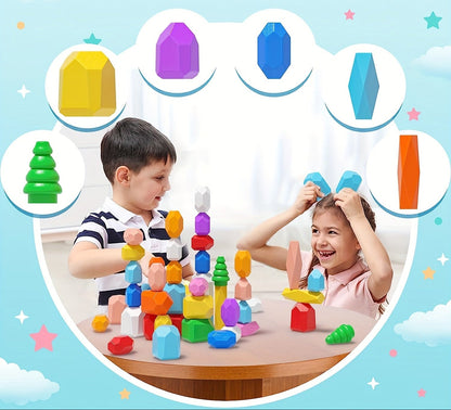 Wooden Stacking Rocks Toys – 40-Piece  Montessori Sensory STEM Balance Blocks for Toddlers, Educational Preschool Learning Gift Set