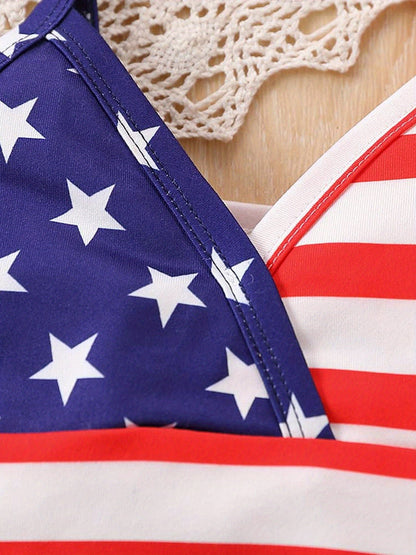 Toddler Girls’ Independence Day Outfit – Sleeveless Ribbed Top & Ripped Denim Shorts Patriotic Summer Set for Kids Fashion