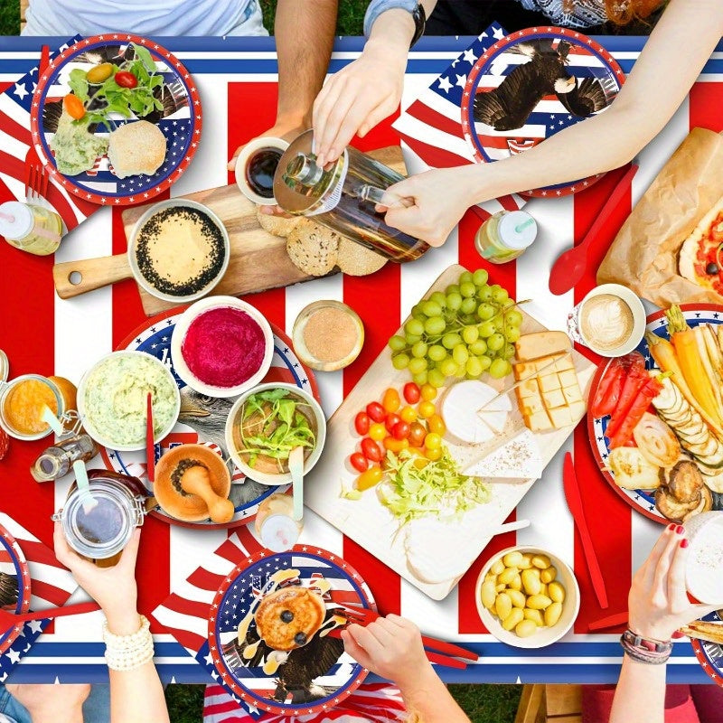 Patriotic 4th of July Party Decor Set – 170pcs American Flag Themed Plates, Cups, Tablecloths & Banner for Independence Day Celebrations, Fireworks Parties & Patriotic Events