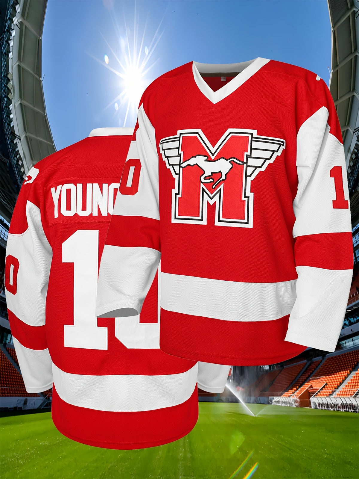 Men’s Ice Hockey Jersey #10 – Red Embroidered Polyester Knit Hockey Shirt with Loose Fit for Sportswear and Casual Style