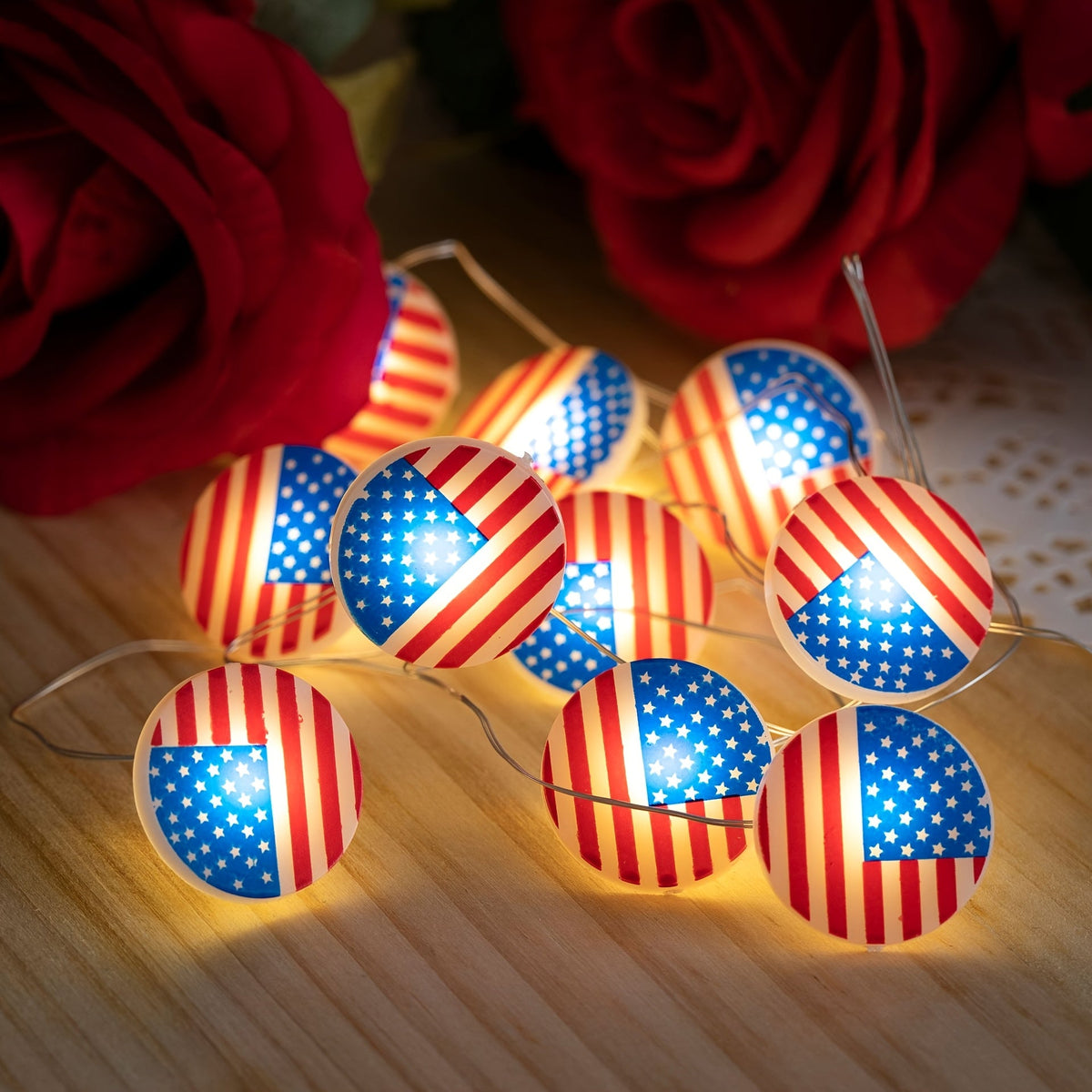American Flag Copper Wire String Lights – Battery Powered LED Patriotic Lighting for Independence Day Celebrations