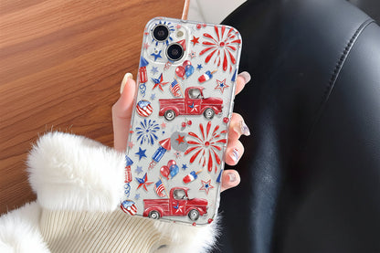 American Flag iPhone Case – Fireworks & Patriotic Truck Design Protective Cover for iPhone 16/15/14/13/12/11 Pro Max, Perfect Gift for Holidays & Everyday Use