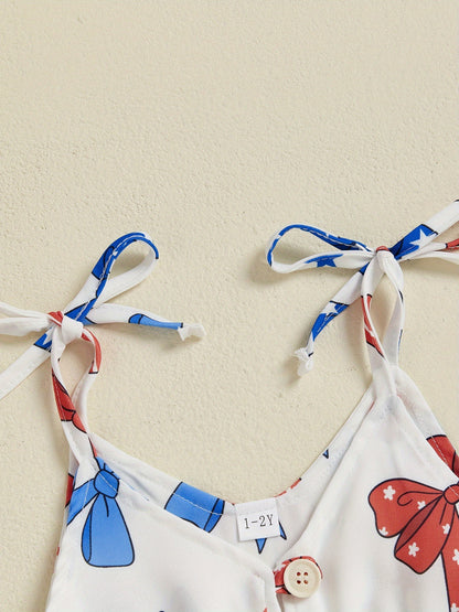 Patriotic Girls’ Sleeveless 4th of July Romper – Red White & Blue Star Print Jumpsuit with Ruffle Hem & Tie Straps