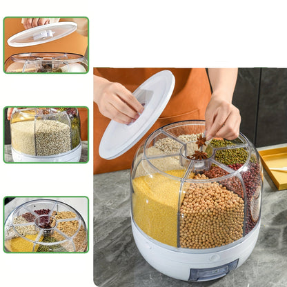 Six Compartment Rotating Cereal Dispenser – Dry Food Storage Organizer for Kitchen, Easy Access, and Space-Saving Pantry Design