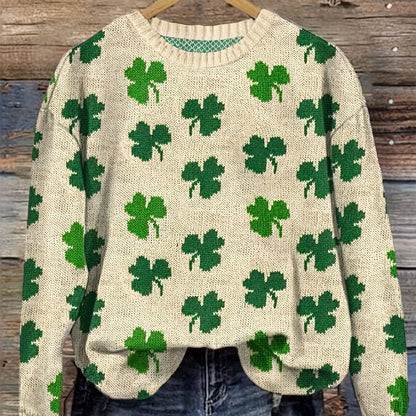 Women's Lucky Four-Leaf Clover Knit Sweater - Green & White Floral Pattern, Cozy Polyester Pullover for Casual Wear, Round Neck, Long Sleeve, 100% Polyester, Perfect for Spring & Fall, Ladies Sweaters