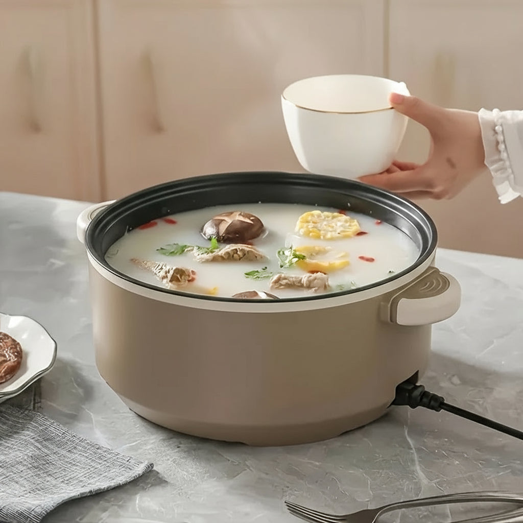 Large Capacity Electric Hot Pot with Steamer – Stainless Steel Multi-Function Cooker with Temperature Control & Non-Stick Liner