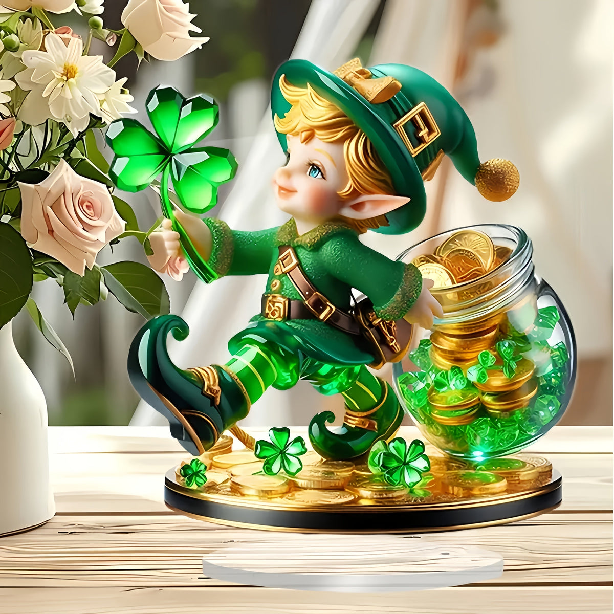 Acrylic Leprechaun Tabletop Décor – 2D Green Hat Shamrock Figurine with Gold Coins for Home Office St. Patrick’s Day Displays