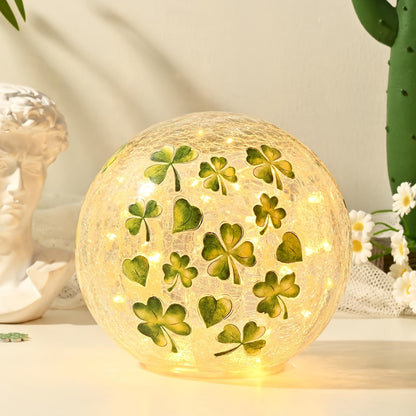 St. Patrick’s Day Shamrock Globe Night Lights – 1/2/4pcs LED Crackle Glass Table Lamps with Timer for Holiday Table Decor