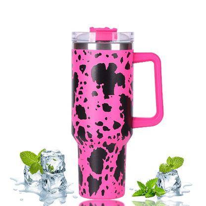 Stainless Steel Insulated Cow Print Tumbler – 40oz Travel Mug with Handle and Straw Lid, Heat-Preserving, Perfect Gift for Camping, Sports, and Outdoor Adventures