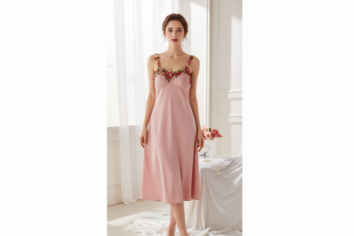 Elegant Lace-Trim V-Neck Slip Nightgown – Women’s Soft Satin-Feel Sleep Dress for Spring, Summer and Fall Comfort