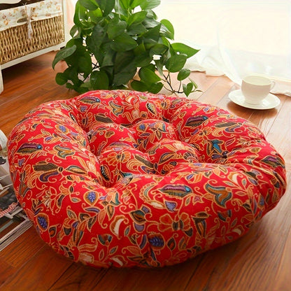 Bohemian Round Floor Cushion – Thick Cotton Linen Futon Pillow with Blue Floral Pattern, Perfect for Yoga, Meditation, Bay Window Seating, or Cozy Living Room Decor