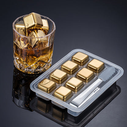 Golden Stainless Steel Whiskey Stones Set – Reusable Metal Ice Cubes with Tongs for Bourbon, Cocktail & Bar Gifts