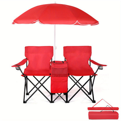 Two Seaters Beach Chair with Umbrella and Side Bag – Portable All-in-One Seat with Sunshade, Ultimate Comfort for Outdoor Adventures, Picnics, and Angler's Relaxation