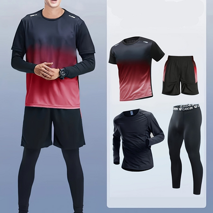 Men’s Four Piece Athletic Set – Gradient Compression Pants, Tee, Shorts & Leggings for Running, Gym Training & Active Performance