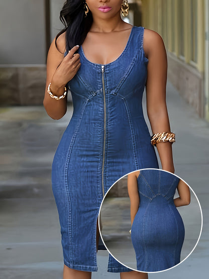 Women’s Sleeveless Denim Mini Dress – Tight Fit Zipper Front Vest Dress with Side Slit for Summer Casual Fashion