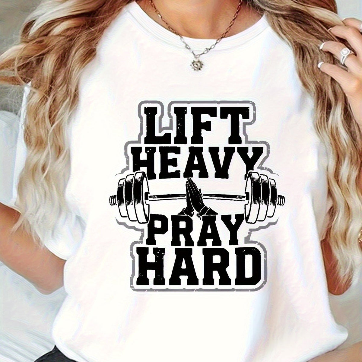 Women’s “Lift Heavy Pray Hard” Gym Shirt – Inspirational Fitness T-Shirt with Geometric Weightlifting Design, Soft Stretch Athletic Top for Workout and Daily Wear