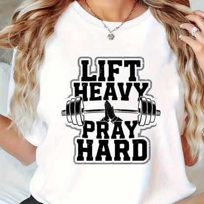 Women’s “Lift Heavy Pray Hard” Gym Shirt – Inspirational Fitness T-Shirt with Geometric Weightlifting Design, Soft Stretch Athletic Top for Workout and Daily Wear