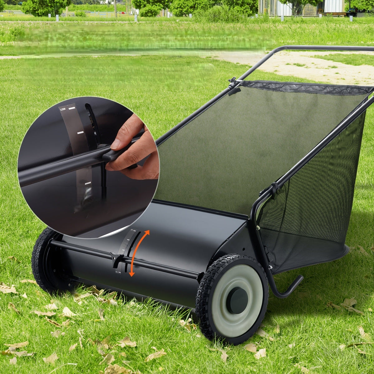 Push Lawn Sweeper - 26 in Sweeping Path, 7 cu ft Mesh Hopper, Four Spinning Brushes, No Fuel or Cord