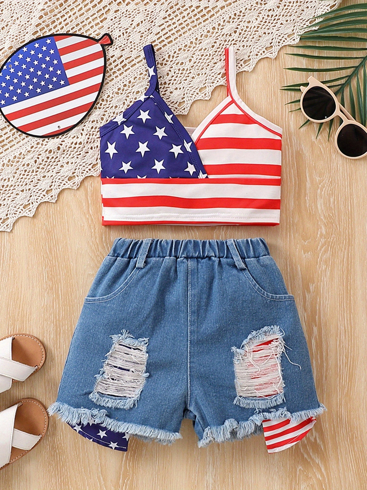 Toddler Girls’ Independence Day Outfit – Sleeveless Ribbed Top & Ripped Denim Shorts Patriotic Summer Set for Kids Fashion
