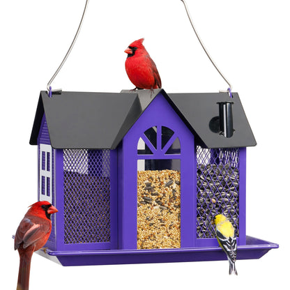 Triple-Tube Bird Feeder House- Weatherproof Mesh Feeder for Cardinals, Finches, Chickadees & Wild Backyard Birds