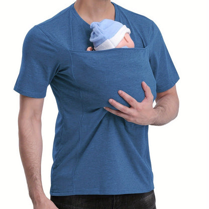 Men’s V-Neck Short Sleeve T-Shirt with Stylish Kangaroo Pocket – Breathable Polyester Blend Ideal for Everyday Casual Streetwear