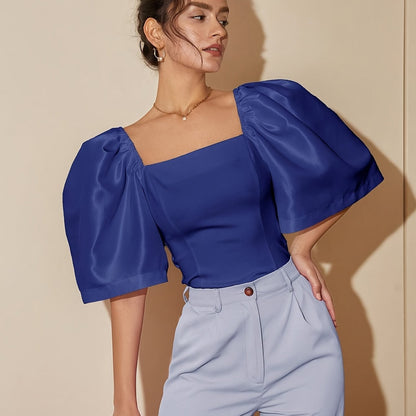 Chic Square Neck Lantern Sleeve Blouse – Woven Polyester Women’s Fashion Top for Spring/Summer Street Style with a Flattering Skinny Fit