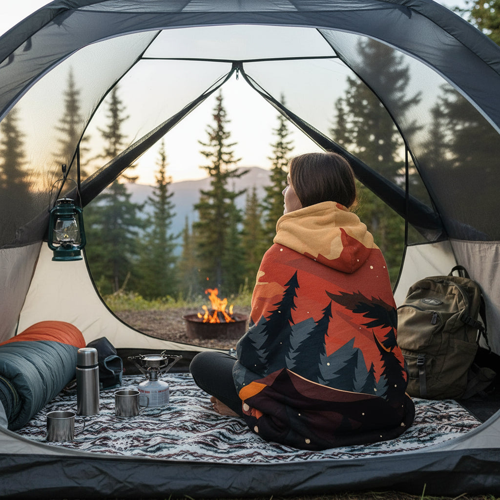Camping Pattern Hooded Blanket – Flannel Wearable Throw with Digital Print for Sofa, Office & Travel Comfort