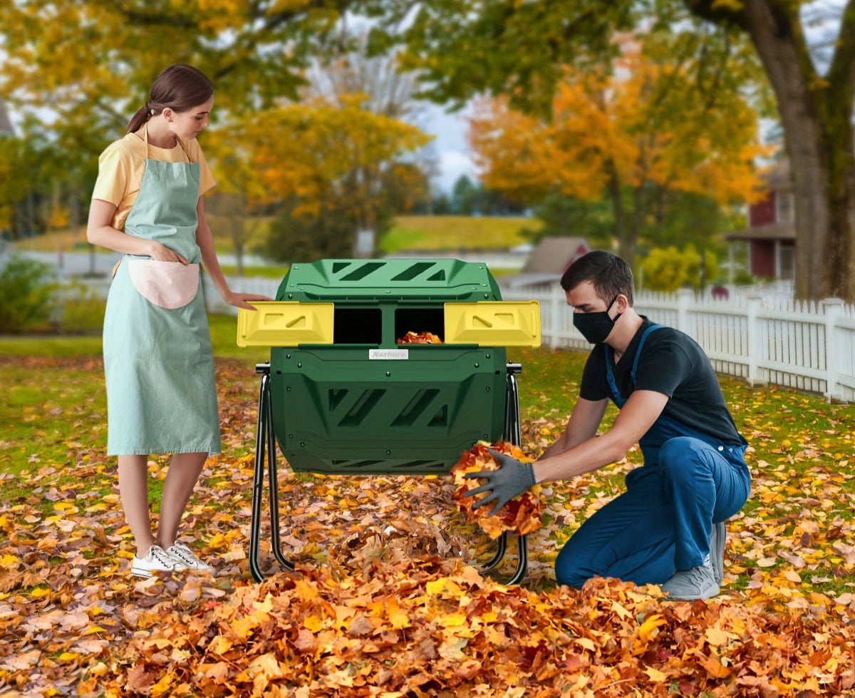 Dual Chamber Compost Tumbler Bin – 43-Gallon Efficient Rotating Waste Mixer with Gloves, Ideal for Eco-Friendly Gardening and Kitchen Recycling