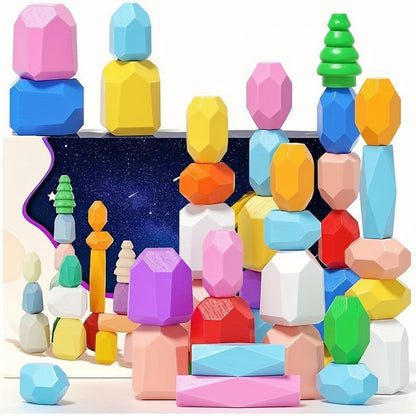 Wooden Stacking Rocks Toys – 40-Piece  Montessori Sensory STEM Balance Blocks for Toddlers, Educational Preschool Learning Gift Set
