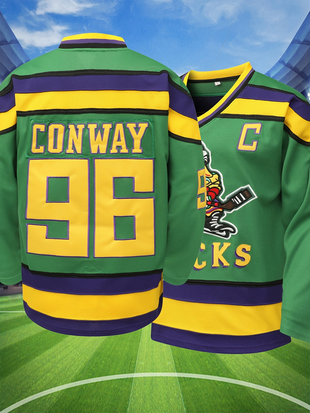 Men’s Green Duck Ice Hockey Sweatshirt – Loose Embroidered Long Sleeve Sports Fashion Pullover for Streetwear, Casual Comfort and Breathable Fit