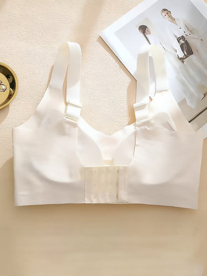 Seamless Full Coverage Bra – Beige Ribbed Comfort Fit, No Underwire, Anti-Sag Design with Removable Pads