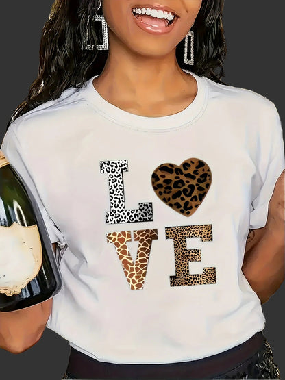 White Leopard Heart Graphic T-Shirt – Casual Round Neck Short Sleeve Cotton Tee for Everyday Fashion and All-Season Wear