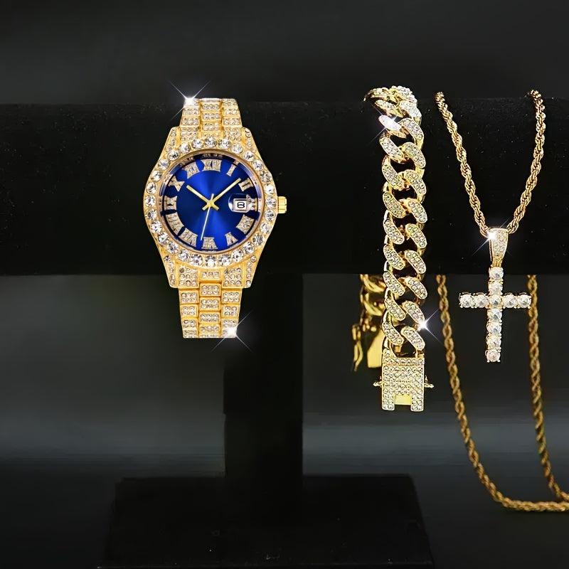 Men’s Watch and Jewelry Gift Set – Cross Necklace, Bracelet and Stylish Watch Combo for Fashionable Everyday and Special Occasions