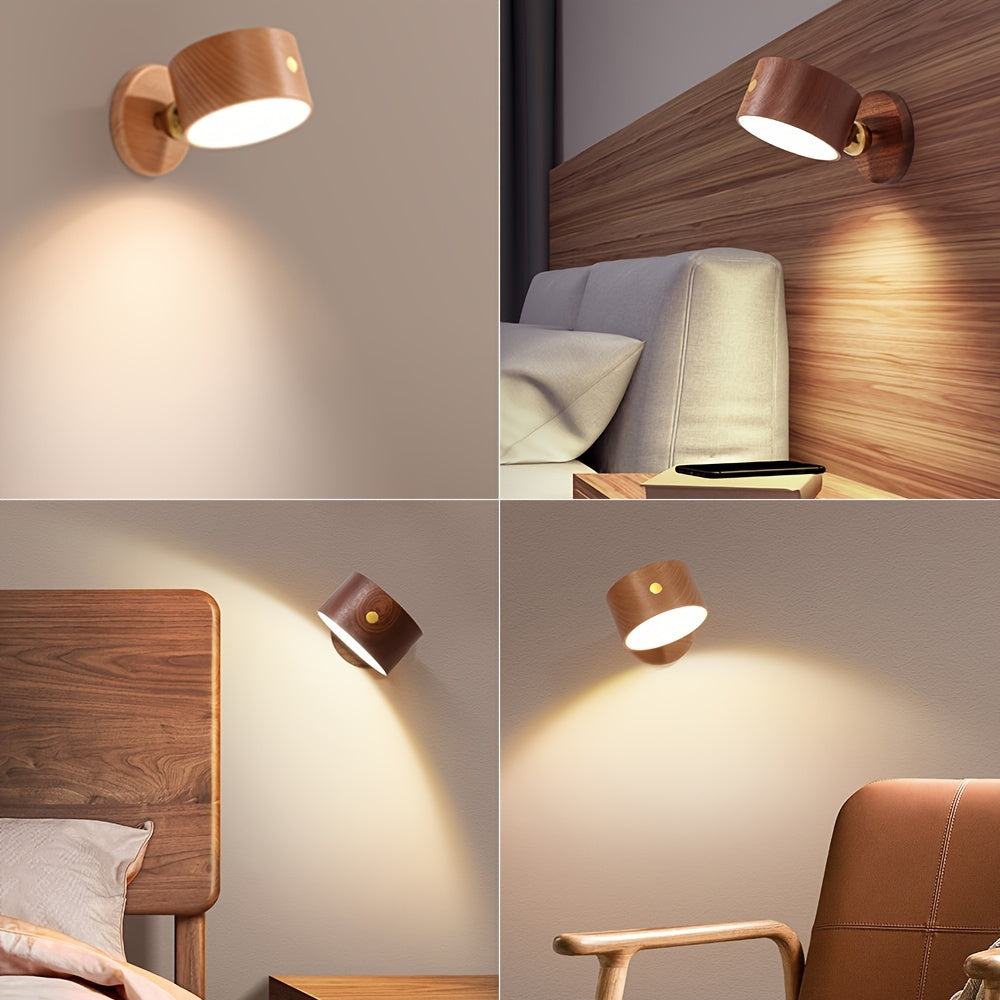 Wooden LED Bedside Reading Lamp – 360° Rotating Touch-Control Night Light, USB Rechargeable, Dimmable, Wall Mountable for Stylish Bedside Glow
