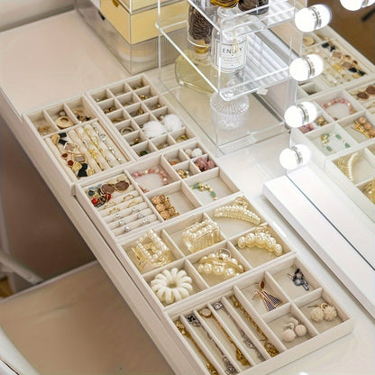 Velvet Jewelry Display Rack – 4-Piece Multi-Grid Organizer for Rings, Earrings, Necklaces, Bracelets, Watches & Elegant Vanity Showcases