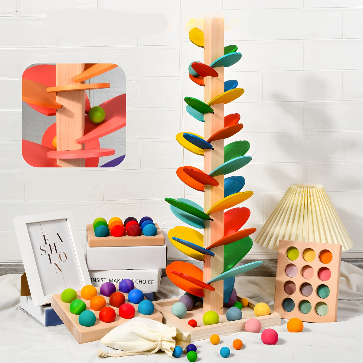 Wooden Rainbow Petal Musical Tree – Creative Ball Run Toy Enhancing Kids’ Sensory Skills, Relaxation, and Color Learning Through Sound