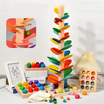 Wooden Rainbow Petal Musical Tree – Creative Ball Run Toy Enhancing Kids’ Sensory Skills, Relaxation, and Color Learning Through Sound
