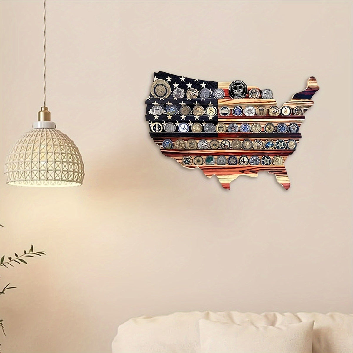 Vintage Wooden American Flag Coin Display – Handmade Wall-Mounted USA Shape Stand, Patriotic Art Piece for Challenge Coins, Police, Veterans, and Collectors’ Keepsake Home Decor