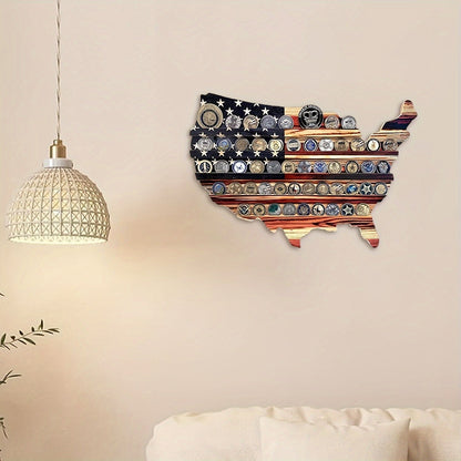 Vintage Wooden American Flag Coin Display – Handmade Wall-Mounted USA Shape Stand, Patriotic Art Piece for Challenge Coins, Police, Veterans, and Collectors’ Keepsake Home Decor