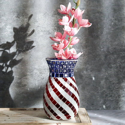 Glam Glass Teardrop Vase – Modern Striped Mosaic Red White Blue Botanical Design, Patriotic Art-Inspired Home Decor for Independence Day, Memorial Day, or Creative Festive Centerpieces