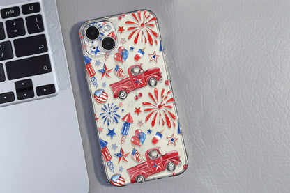 American Flag iPhone Case – Fireworks & Patriotic Truck Design Protective Cover for iPhone 16/15/14/13/12/11 Pro Max, Perfect Gift for Holidays & Everyday Use