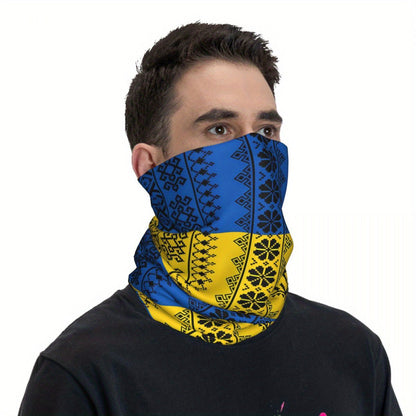 Ukrainian Pattern Bandana – Soft Stretch Knit Neck Scarf in Blue & Yellow for Winter Warmth or Outdoor Fishing Trips