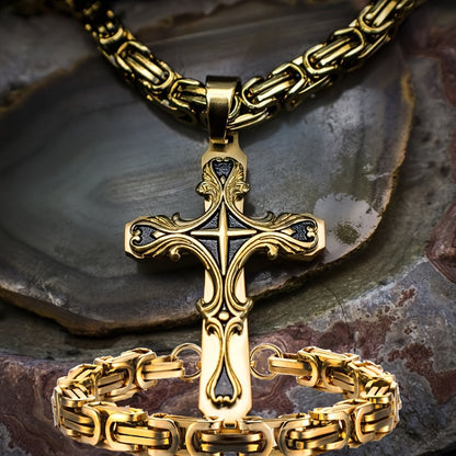 Vintage Men’s Necklace Set – Cuban Chain with Stainless Steel Cross Pendant for Street Style, Hip Hop and Daily Accessories