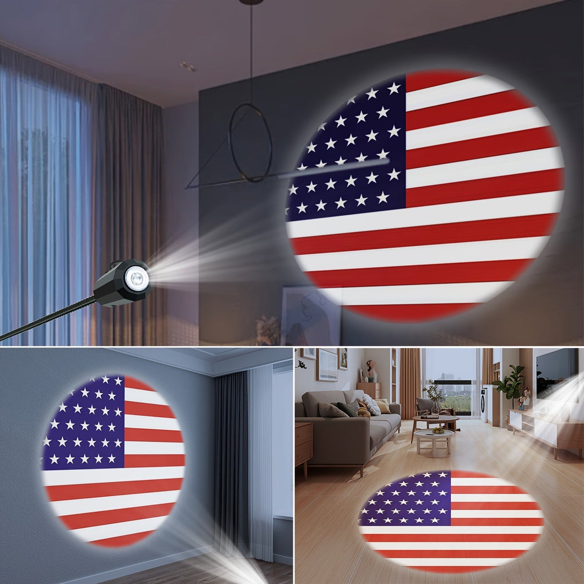 USB Plug-In American Flag Projector Night Light – Rotatable Patriotic Light for Wall, Ceiling, and Event Decorations